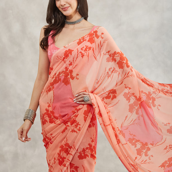 Janasya Peach Georgette Floral Printed Saree