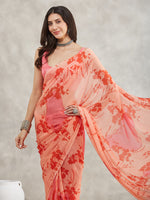 Thumbnail for Janasya Peach Georgette Floral Printed Saree