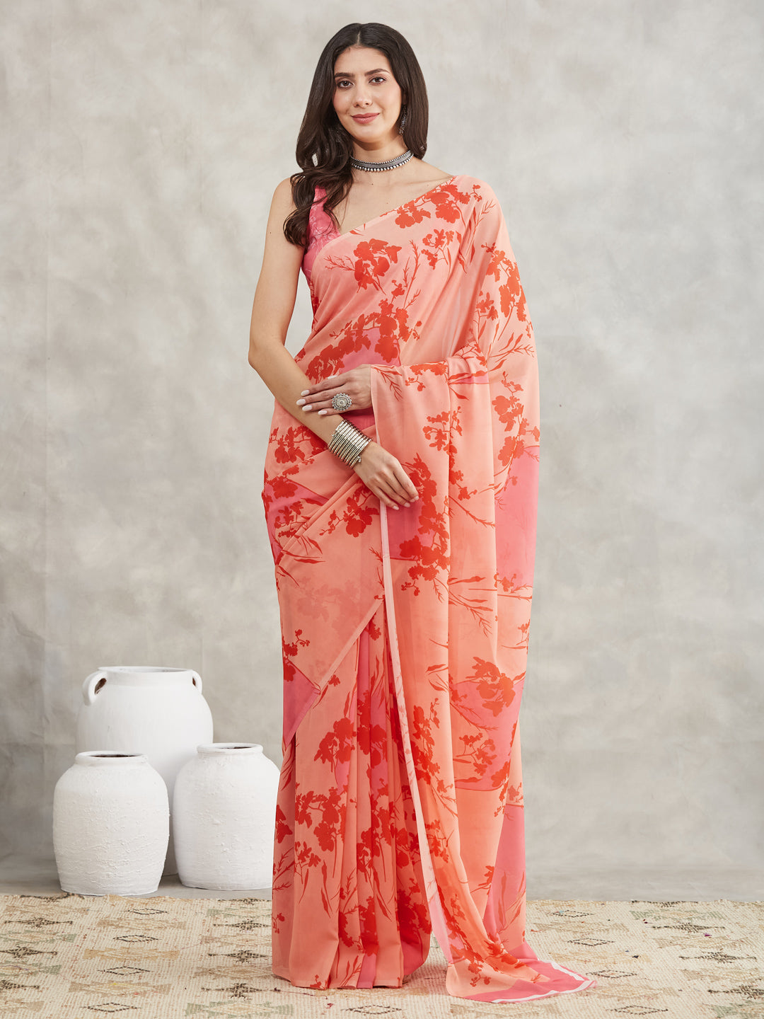 Janasya Peach Georgette Floral Printed Saree