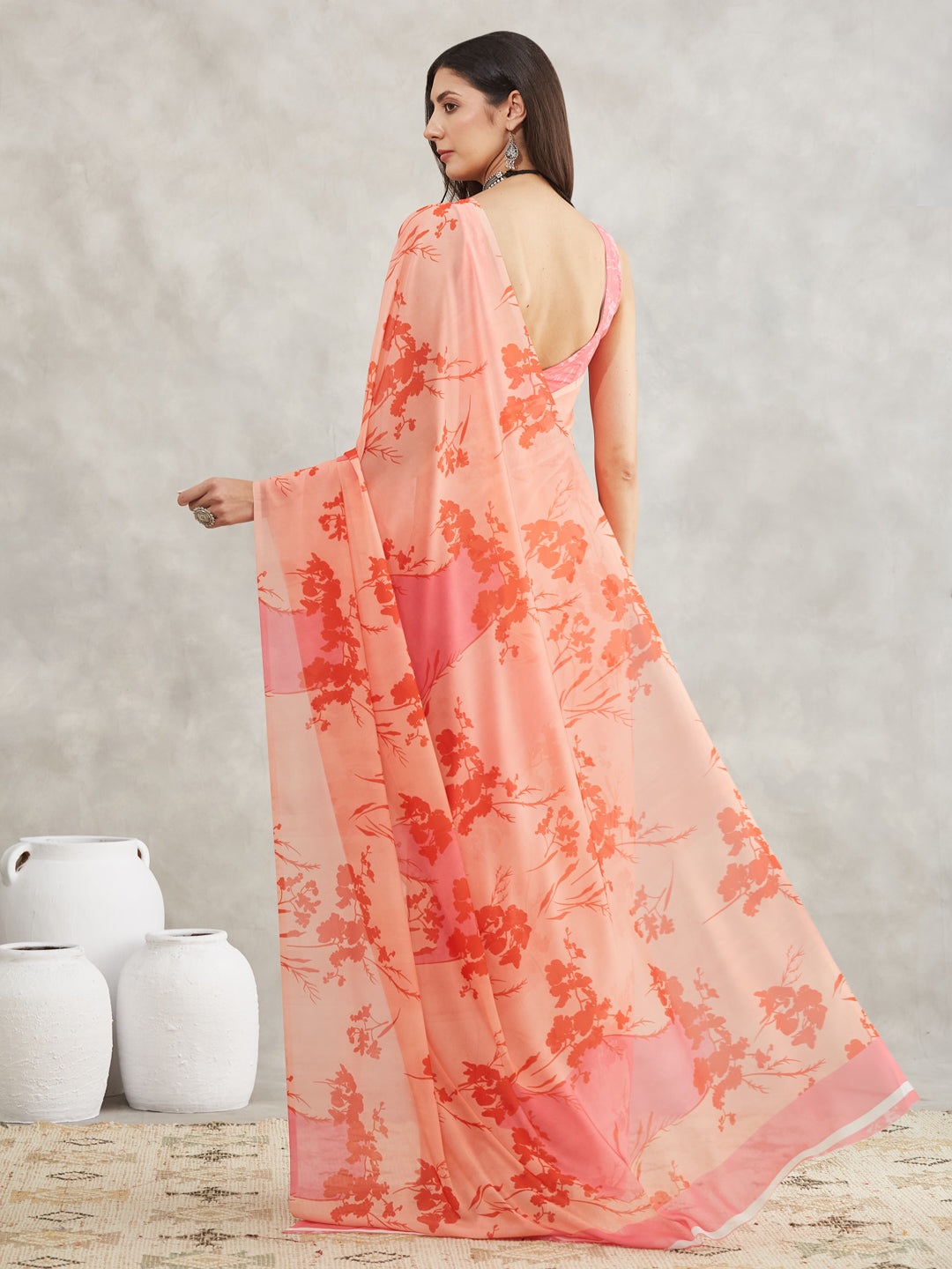 Janasya Peach Georgette Floral Printed Saree