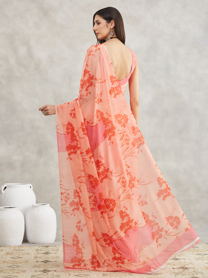 Janasya Peach Georgette Floral Printed Saree - Distacart