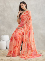 Thumbnail for Janasya Peach Georgette Floral Printed Saree
