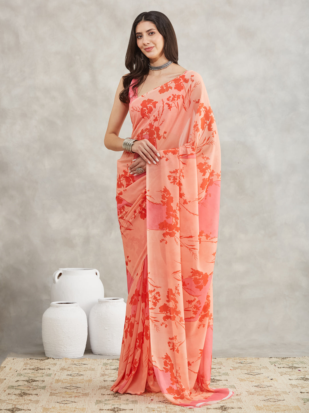 Janasya Peach Georgette Floral Printed Saree