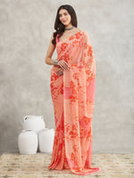 Thumbnail for Janasya Peach Georgette Floral Printed Saree
