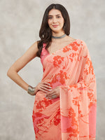 Thumbnail for Janasya Peach Georgette Floral Printed Saree