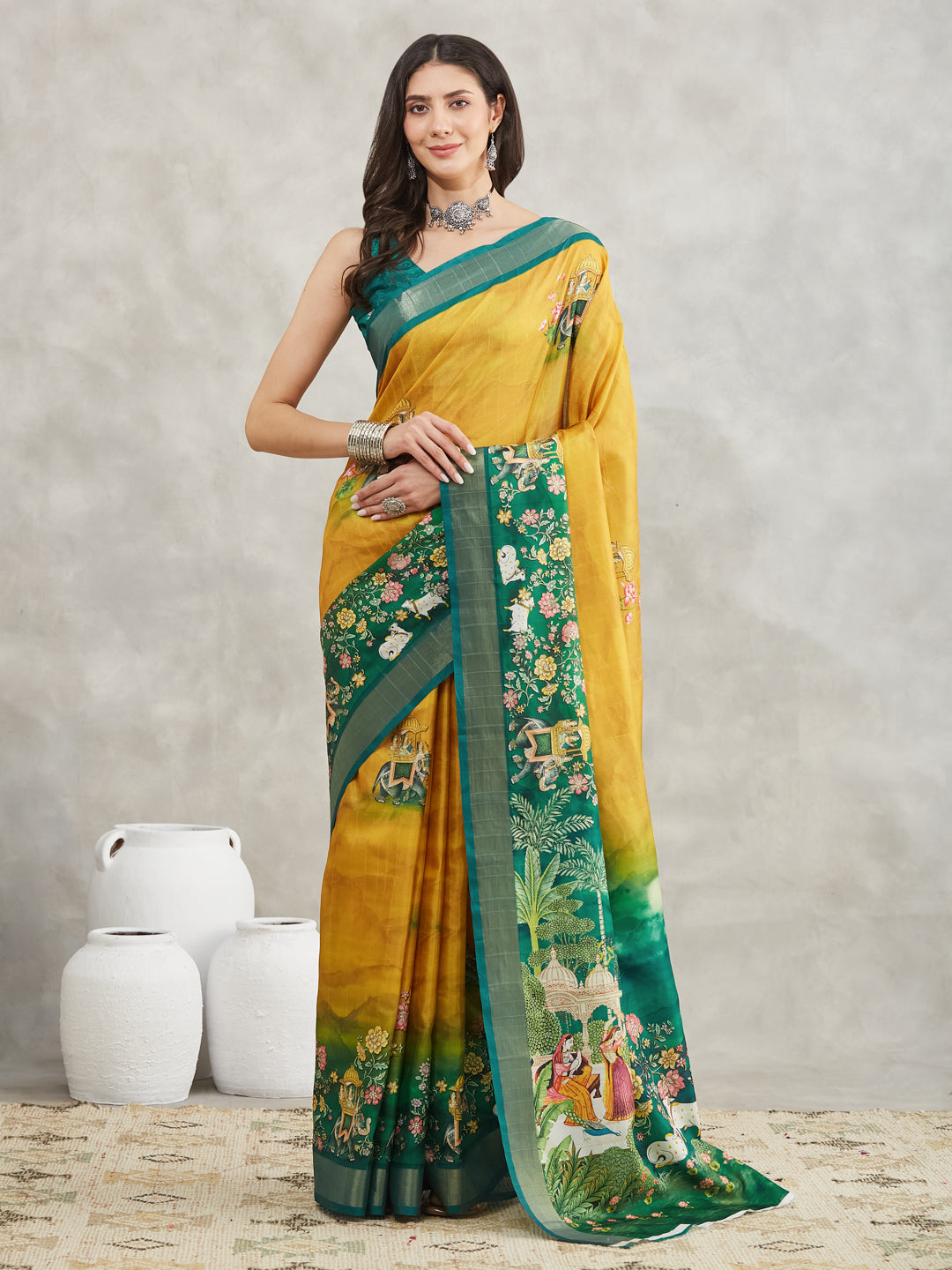 Janasya Mustard Silk Blend Ethnic Motifs Printed Saree