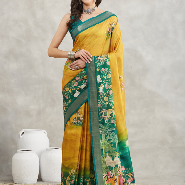 Janasya Mustard Silk Blend Ethnic Motifs Printed Saree