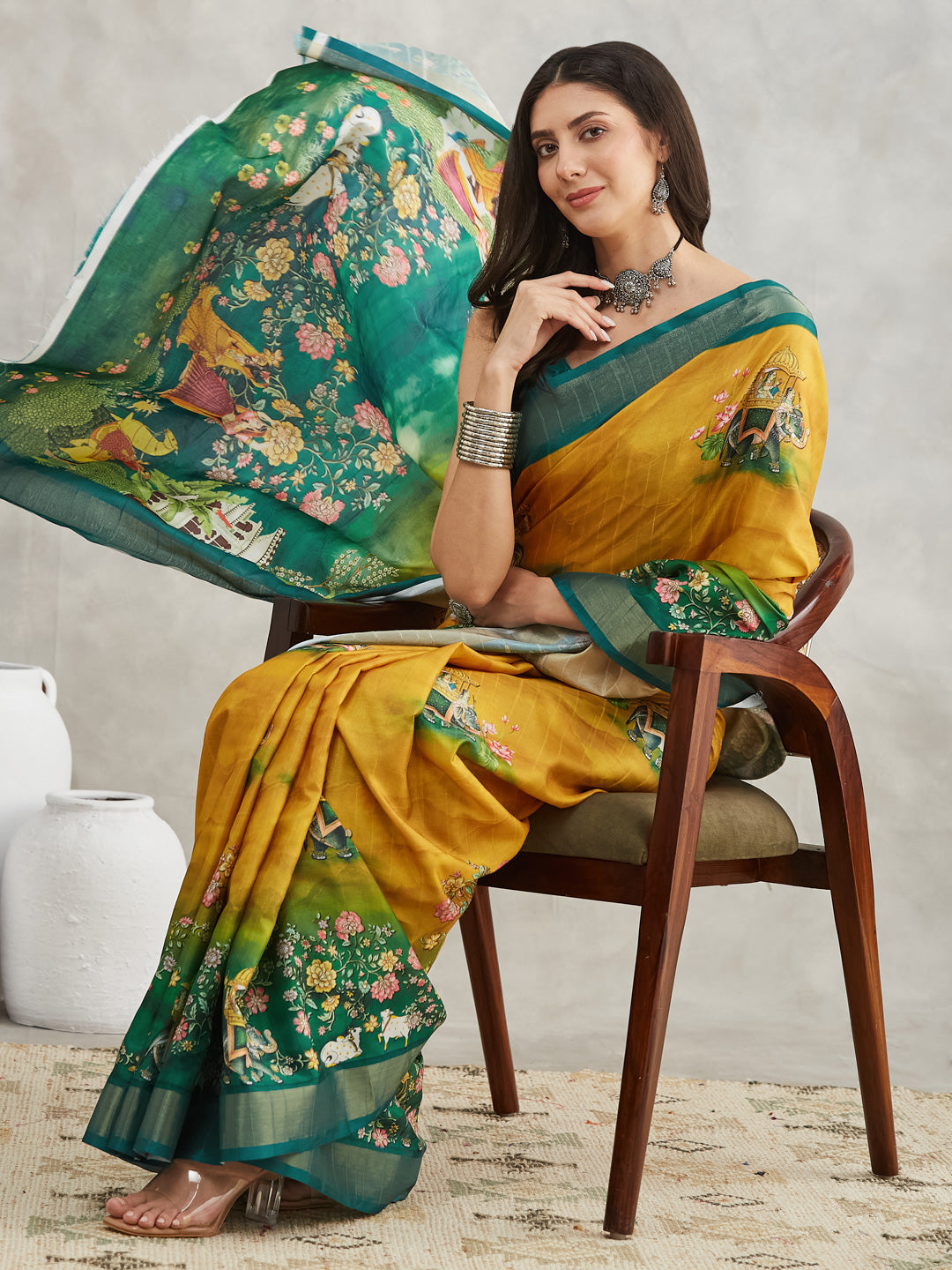 Janasya Mustard Silk Blend Ethnic Motifs Printed Saree