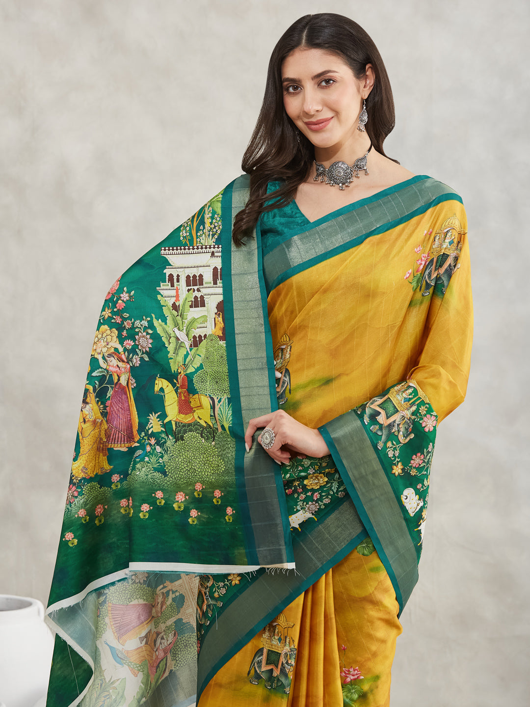 Janasya Mustard Silk Blend Ethnic Motifs Printed Saree