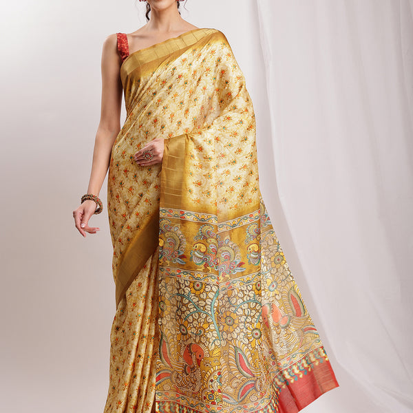 Janasya Olive Green Silk Blend Kalamkari Printed Saree - Distacart