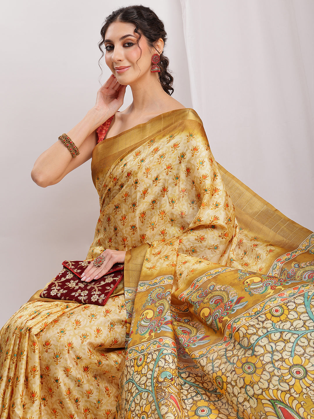 Janasya Olive Green Silk Blend Kalamkari Printed Saree