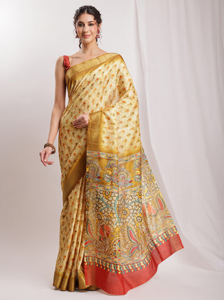 Janasya Olive Green Silk Blend Kalamkari Printed Saree