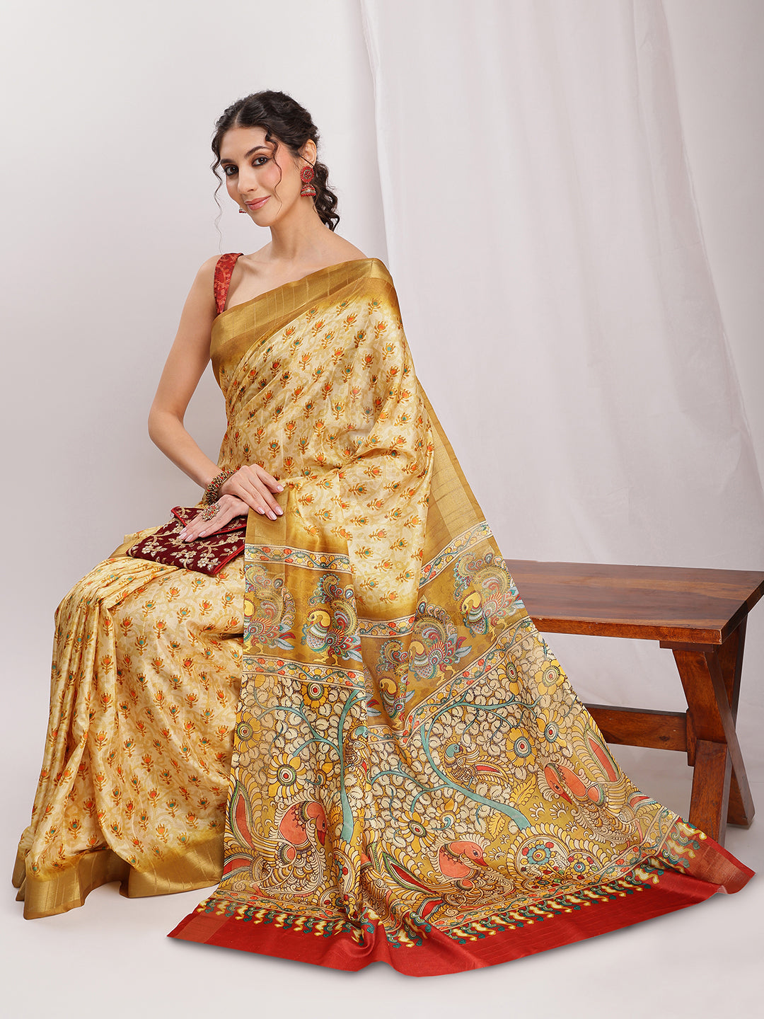 Janasya Olive Green Silk Blend Kalamkari Printed Saree