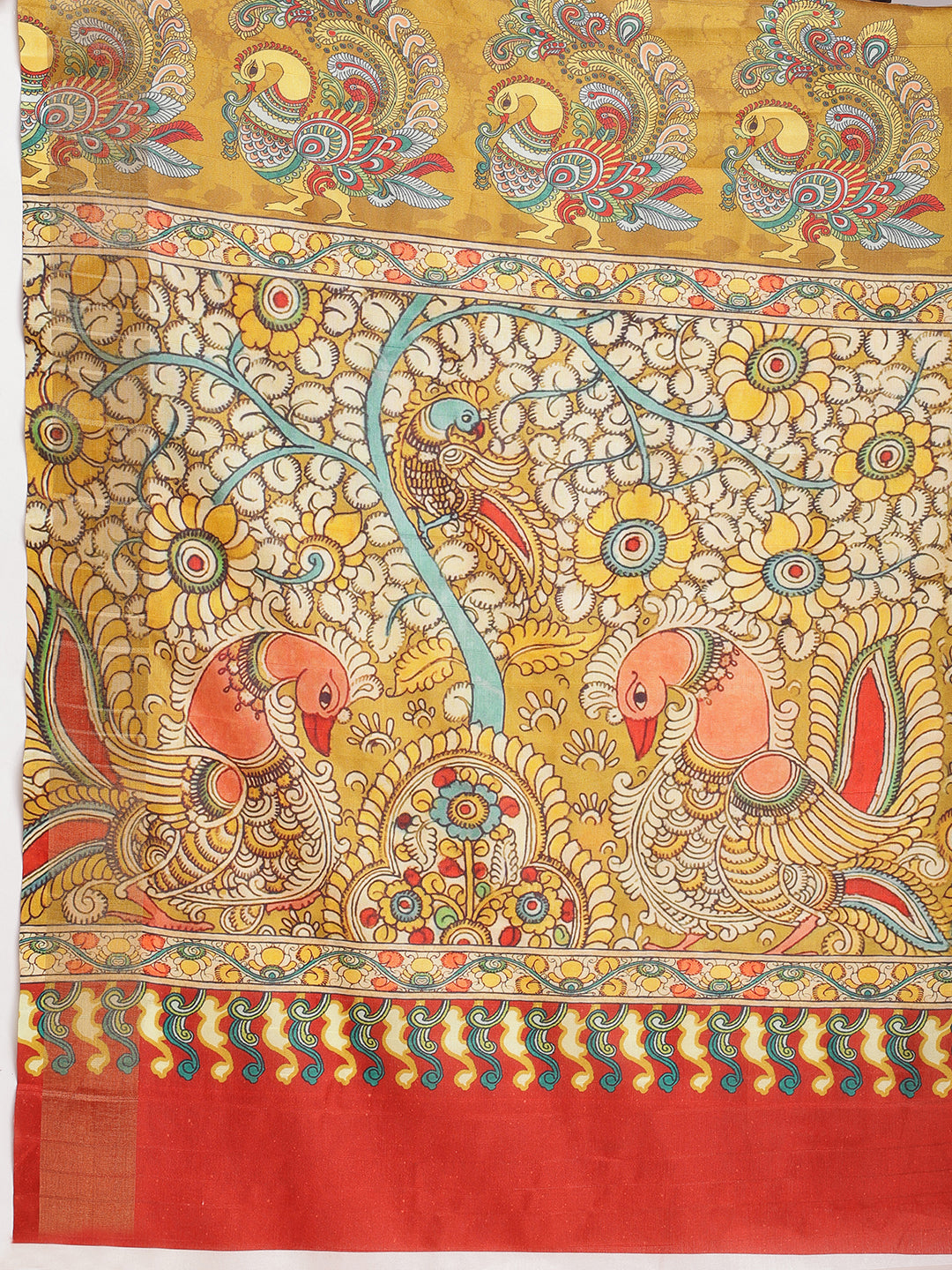 Janasya Olive Green Silk Blend Kalamkari Printed Saree