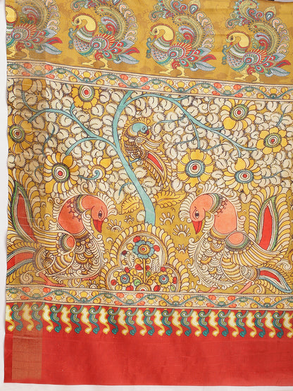 Janasya Olive Green Silk Blend Kalamkari Printed Saree - Distacart