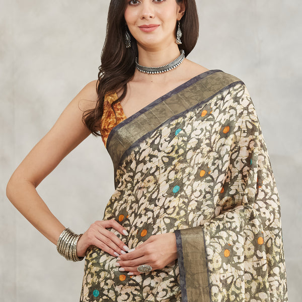 Janasya Olive Green Silk Blend Floral Printed Saree