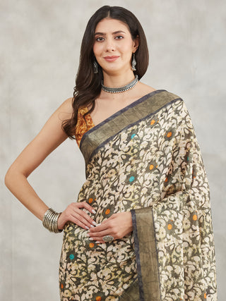 Janasya Olive Green Silk Blend Floral Printed Saree