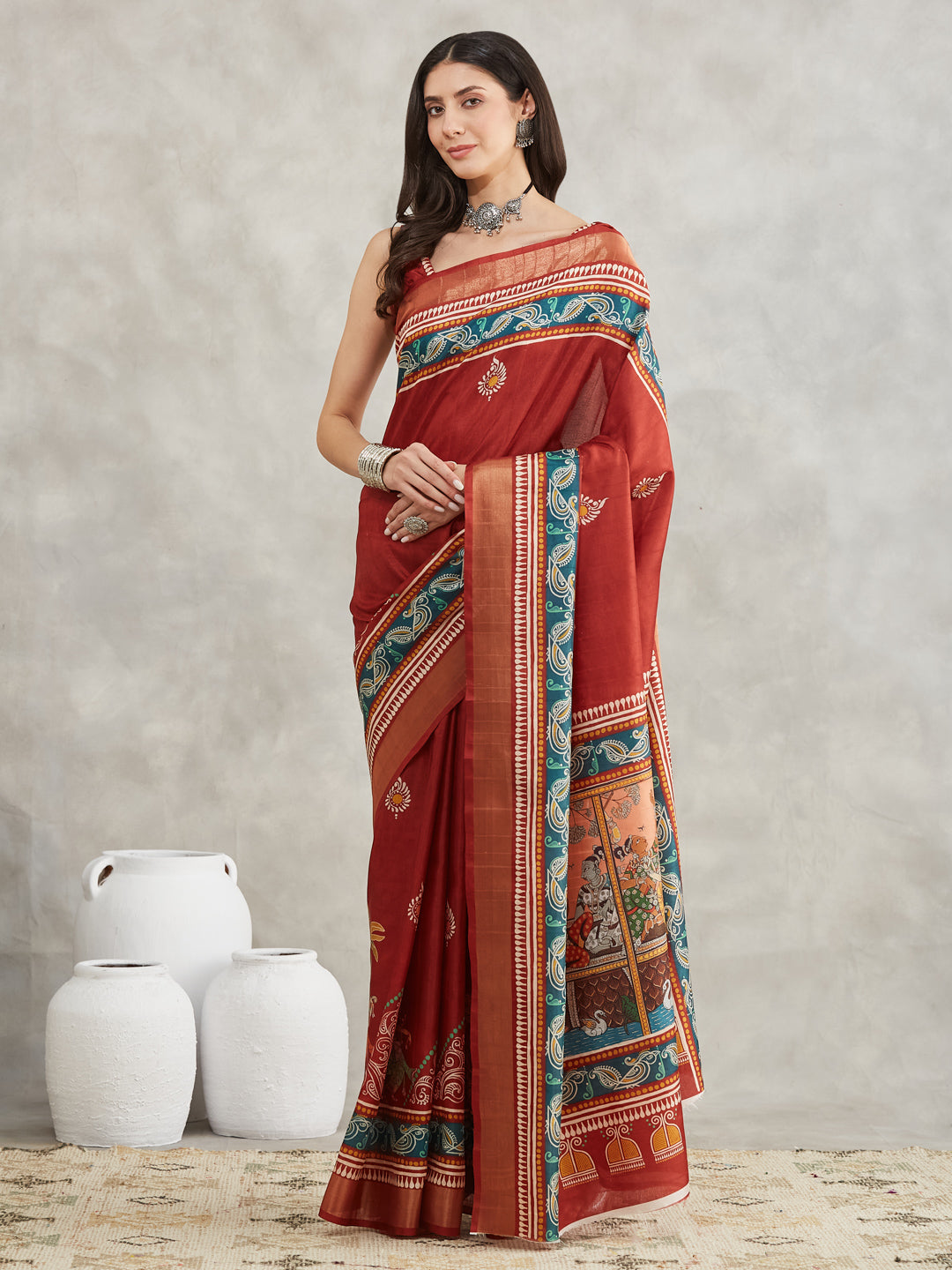 Janasya Rust Silk Blend Paisley Printed Saree