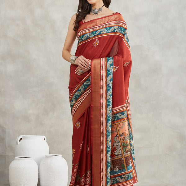 Janasya Rust Silk Blend Paisley Printed Saree