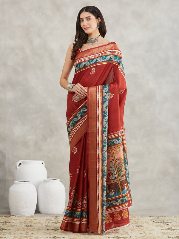 Janasya Rust Silk Blend Paisley Printed Saree