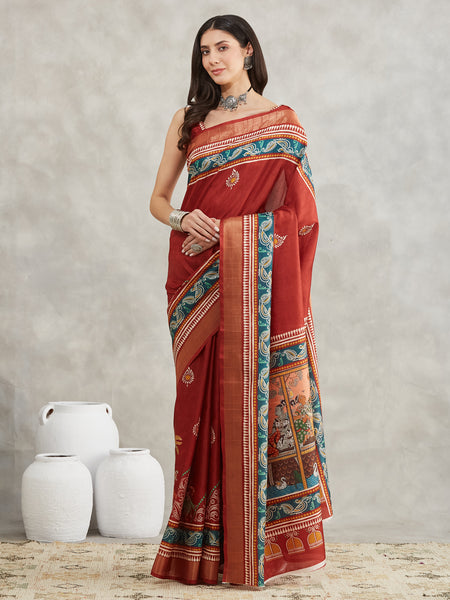 Janasya Rust Silk Blend Paisley Printed Saree