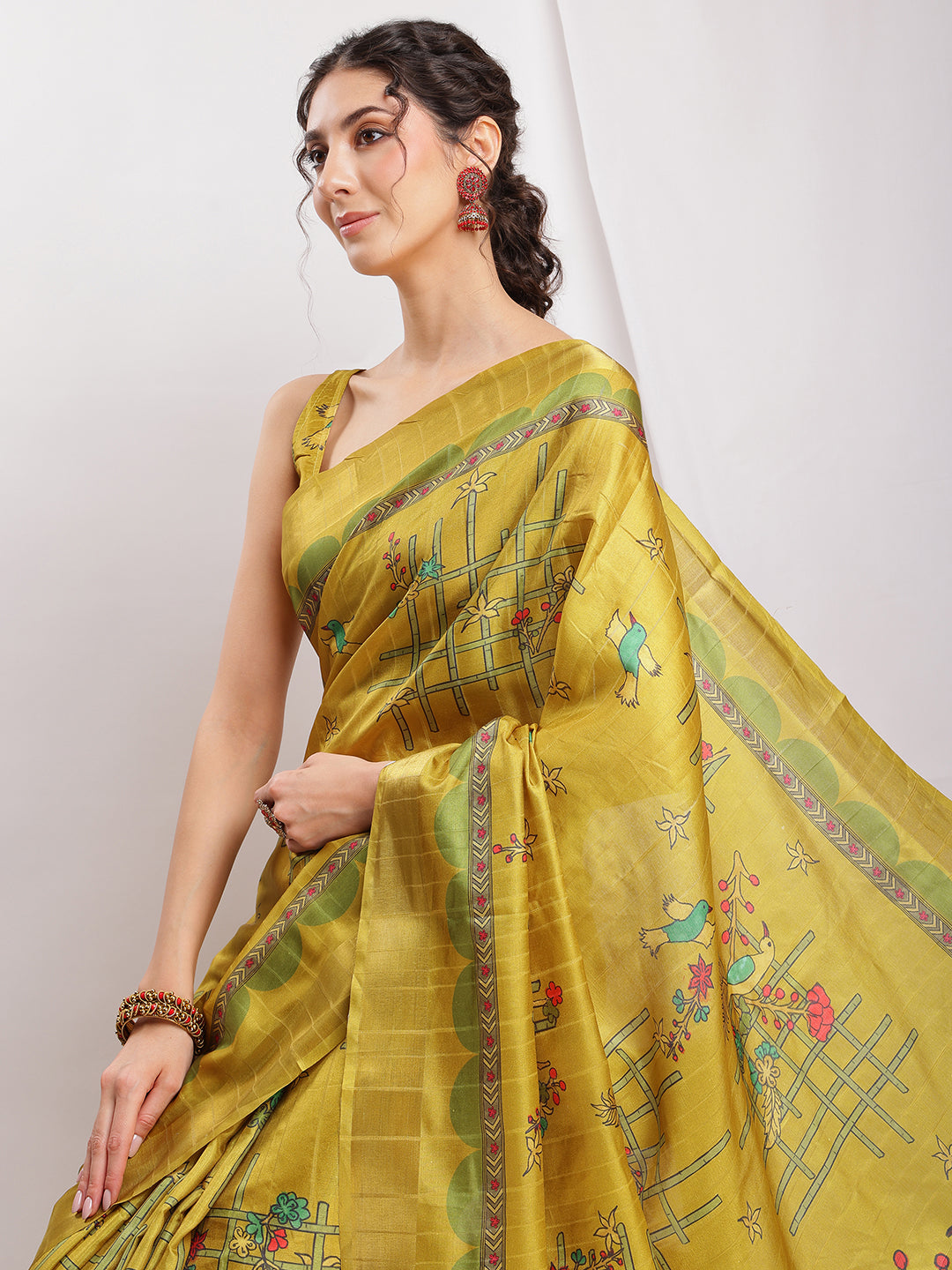 Janasya Green Silk Blend Ethnic Motifs Printed Saree