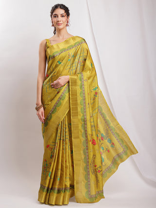 Janasya Green Silk Blend Ethnic Motifs Printed Saree