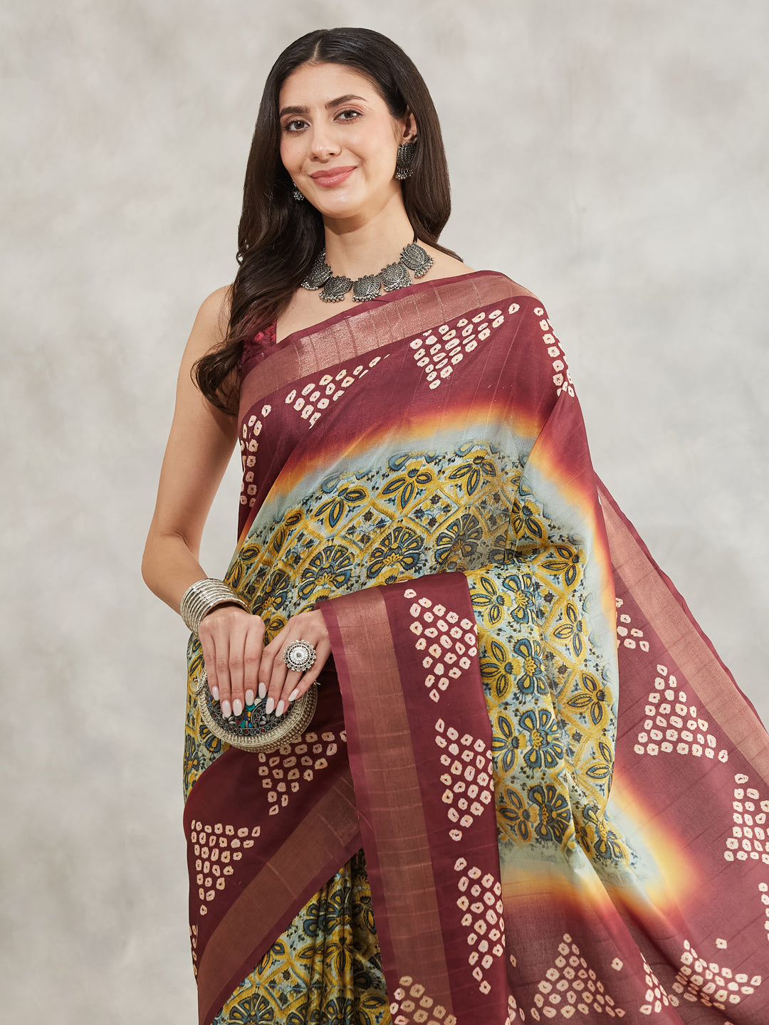 Janasya Yellow Silk Blend Ethnic Motifs Printed Saree