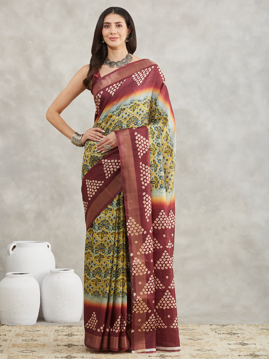 Janasya Yellow Silk Blend Ethnic Motifs Printed Saree