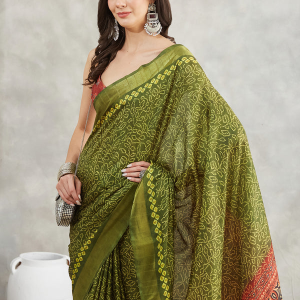 Janasya Mehndi Green Silk Blend Bandhani Printed Saree
