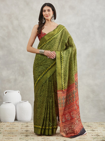 Janasya Mehndi Green Silk Blend Bandhani Printed Saree - Distacart