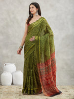 Thumbnail for Janasya Mehndi Green Silk Blend Bandhani Printed Saree