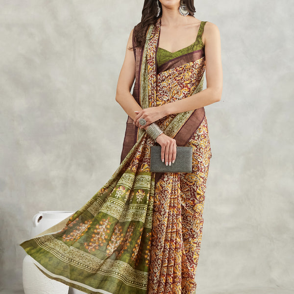 Janasya Burgundy Silk Blend Paisley Printed Saree