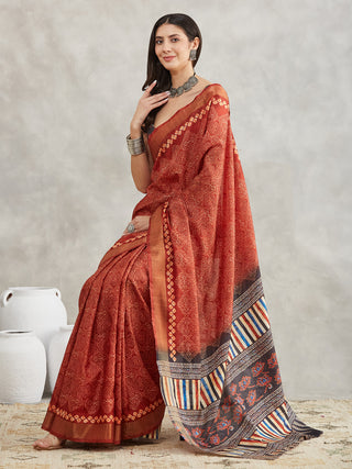 Janasya Rust Orange Silk Blend Bandhani Printed Saree