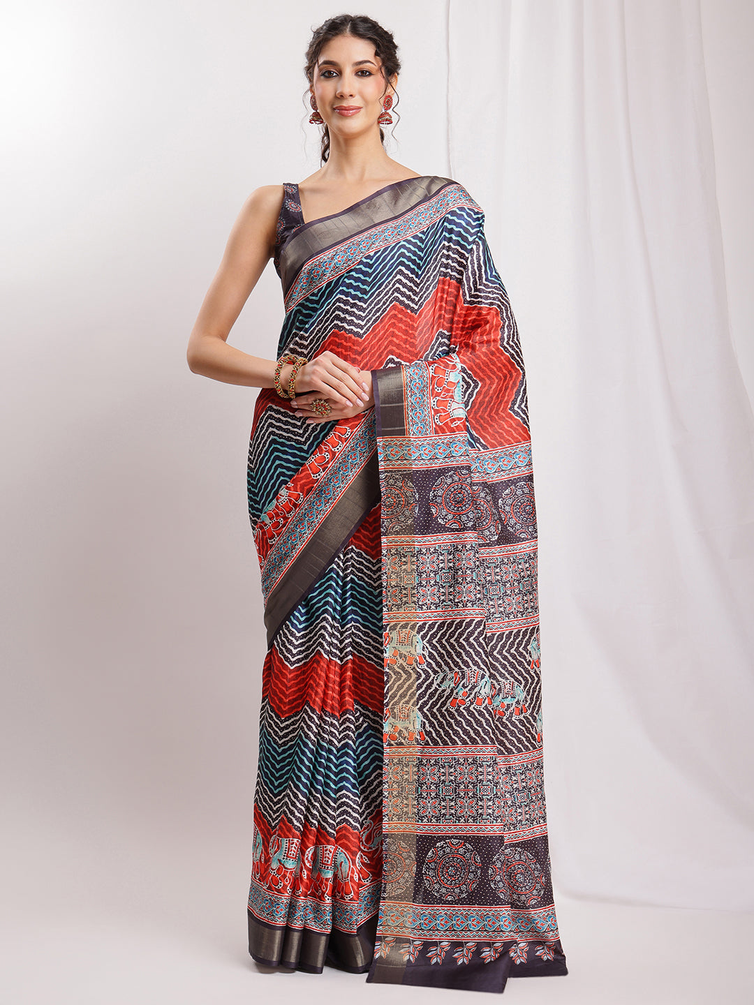 Janasya Multicolor Silk Blend Chevron Printed Saree