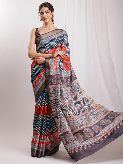 Janasya Multicolor Silk Blend Chevron Printed Saree - Distacart