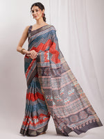 Thumbnail for Janasya Multicolor Silk Blend Chevron Printed Saree