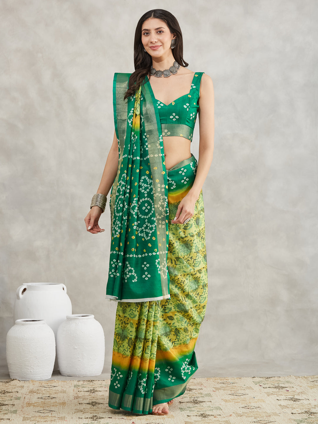 Janasya Mustard & Green Silk Blend Bandhani Printed Saree