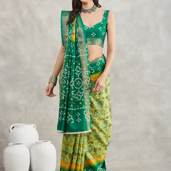 Janasya Mustard & Green Silk Blend Bandhani Printed Saree