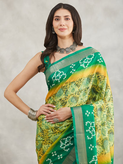 Janasya Mustard & Green Silk Blend Bandhani Printed Saree - Distacart