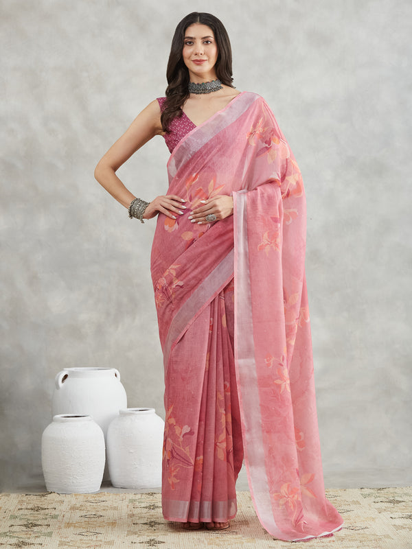 Janasya Mauve Linen Blend Floral Printed Saree