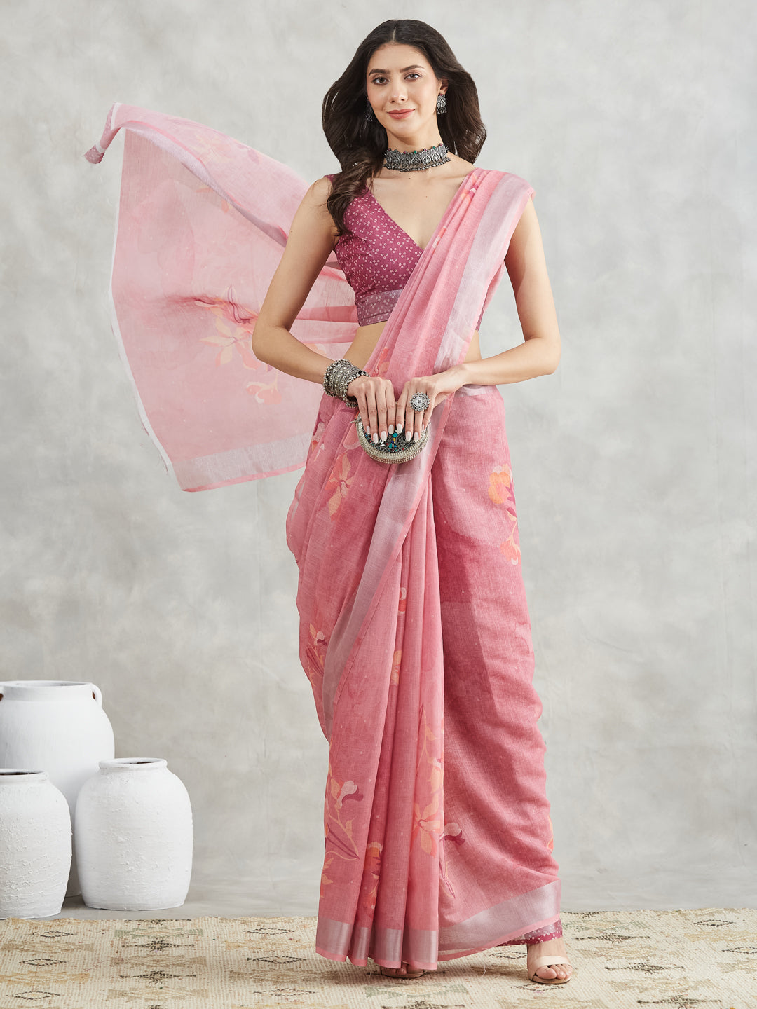 Janasya Mauve Linen Blend Floral Printed Saree
