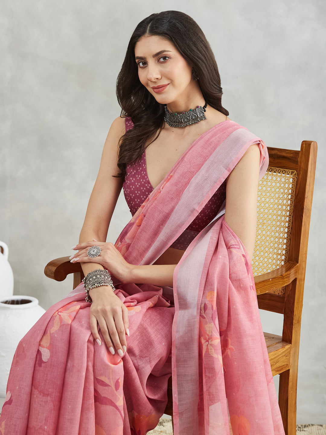 Janasya Mauve Linen Blend Floral Printed Saree