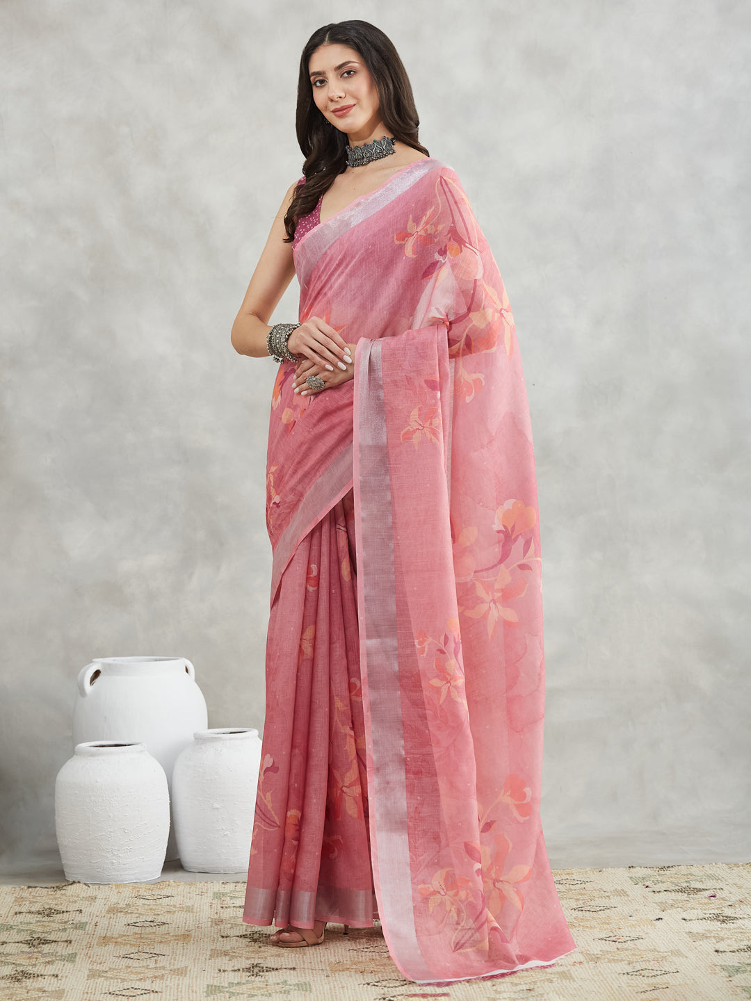 Janasya Mauve Linen Blend Floral Printed Saree