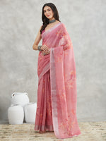 Thumbnail for Janasya Mauve Linen Blend Floral Printed Saree
