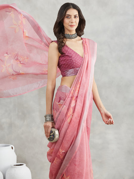 Janasya Mauve Linen Blend Floral Printed Saree
