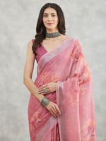 Thumbnail for Janasya Mauve Linen Blend Floral Printed Saree