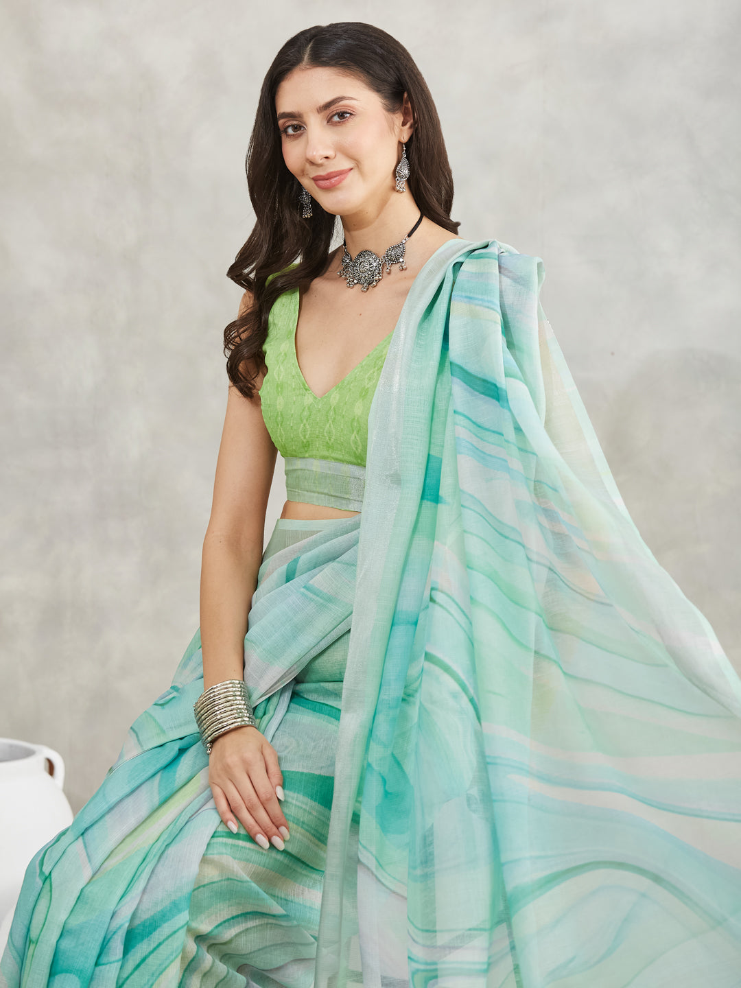 Janasya Sea Green Linen Blend Abstract Printed Saree