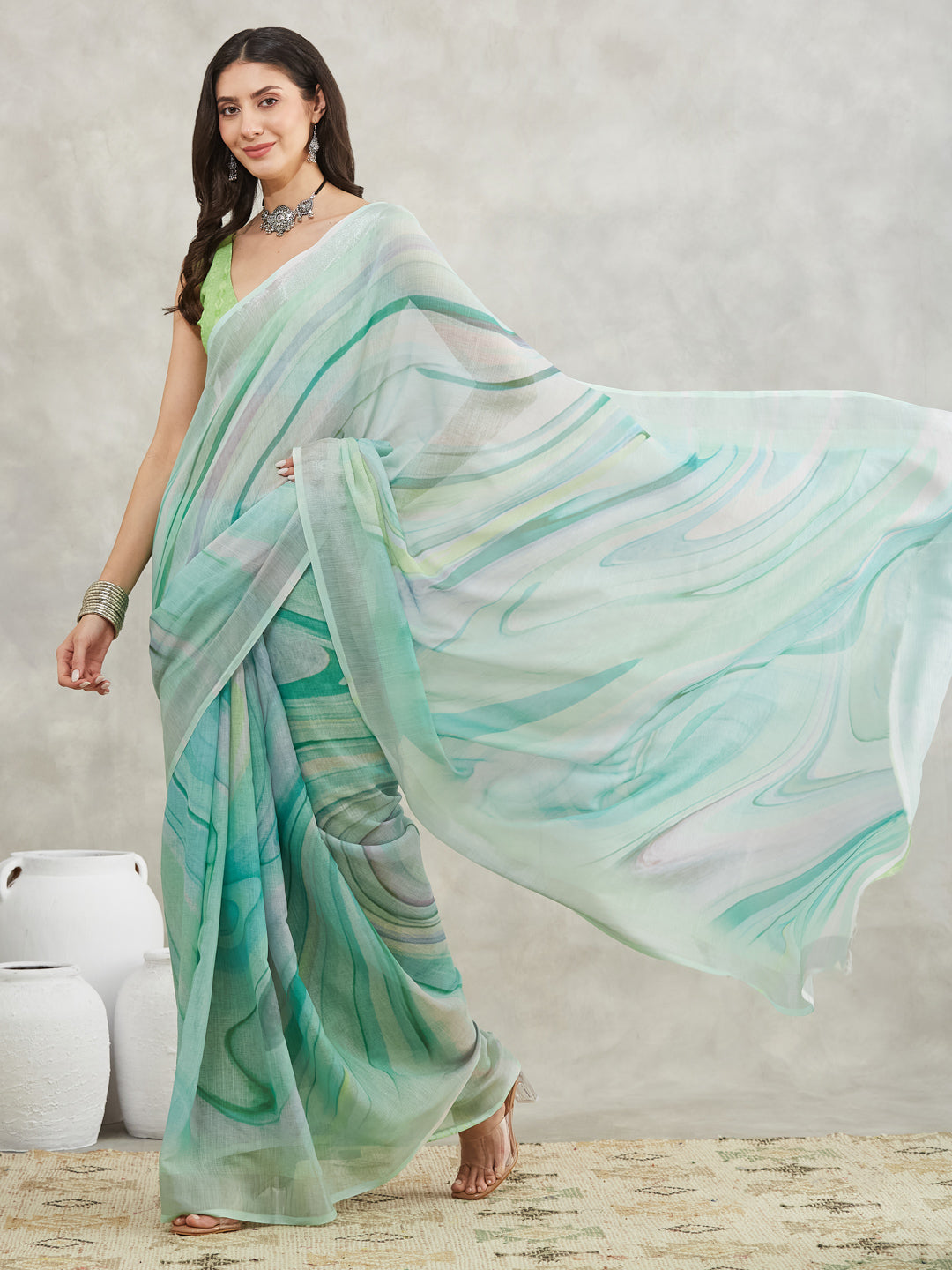 Janasya Sea Green Linen Blend Abstract Printed Saree