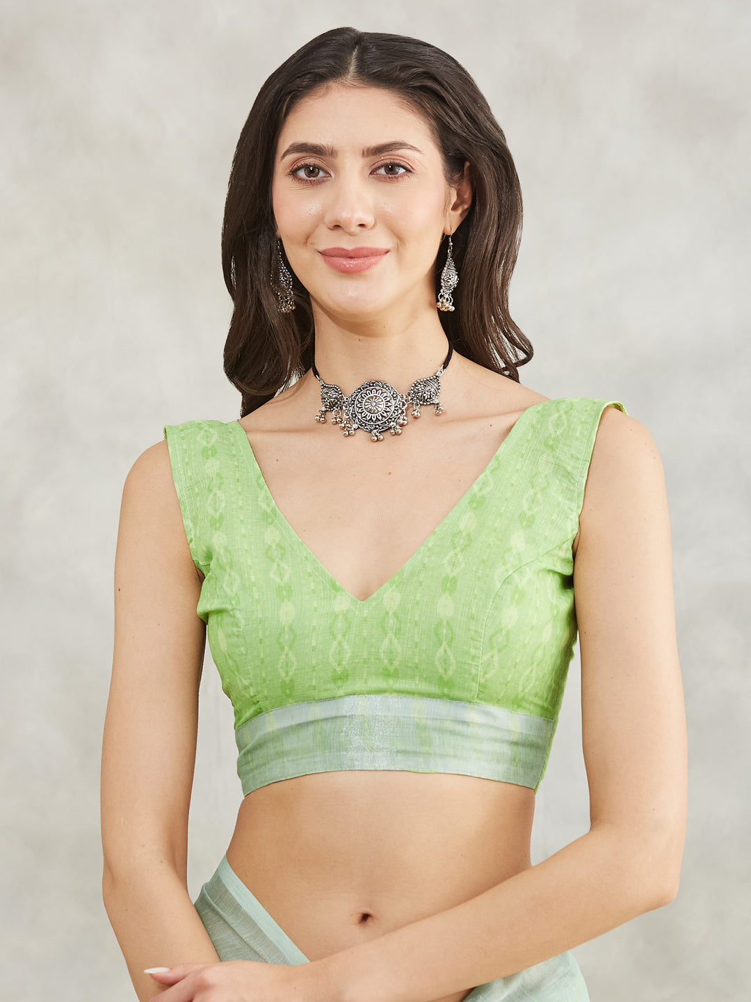 Janasya Sea Green Linen Blend Abstract Printed Saree